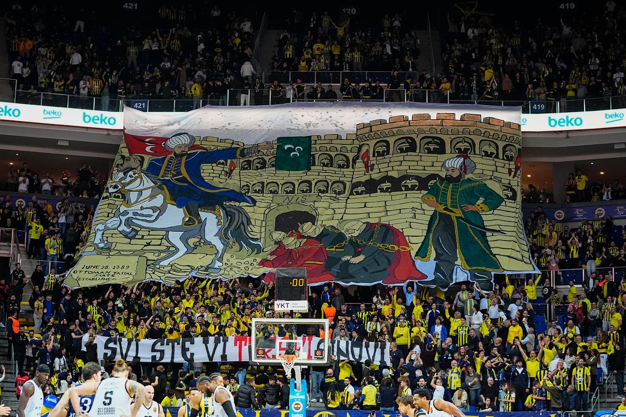Fenerbahce fans hold a banner depicting the first Battle of Kosovo, which took place on June 28, 1389, ahead of EuroLeague week 29 basketball match between Fenerbahce Beko and Partizan at Ulker Sports and Event Hall in Istanbul, Türkiye, Feb. 25, 2026. (AA Photo)