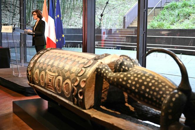 France's Culture Minister Rachida Dati addresses the audience during a ceremony for the official restitution to the Republic of Cote d'Ivoire of the talking drum Djidji Ayôkwé, at the Musee du Quai Branly in Paris on February 20, 2026.
