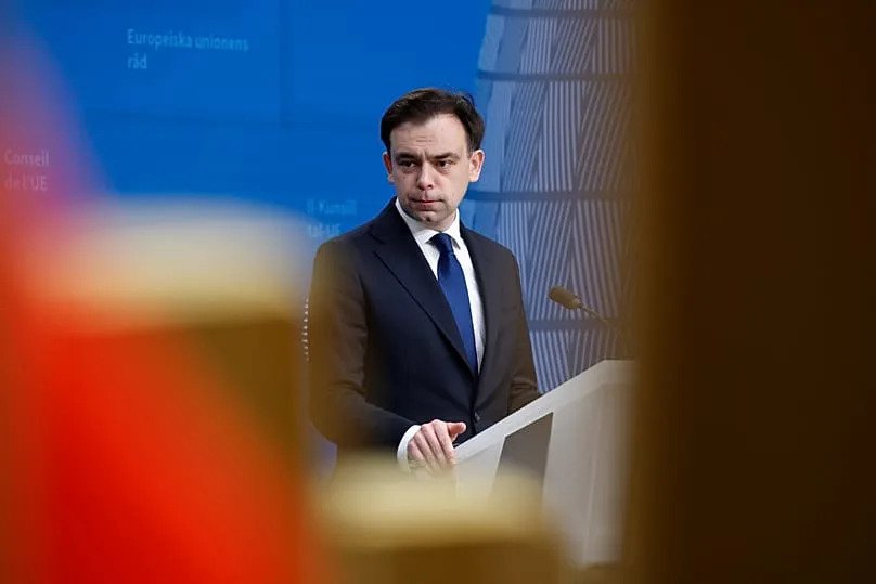 Poland's finance minister Andrzej Domański speaks during a press conference after a meeting of EU finance ministers at the European Council building in Brussels, Tuesday, 21 January