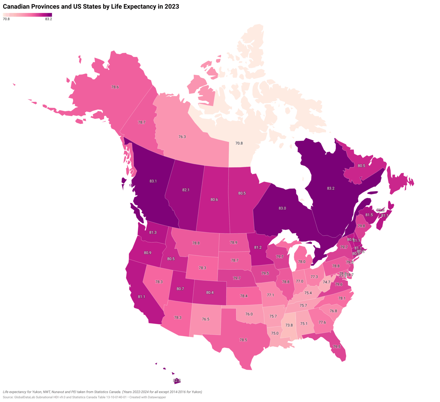 Canadian Provinces and US States by Life Expectancy in 2023 [OC]