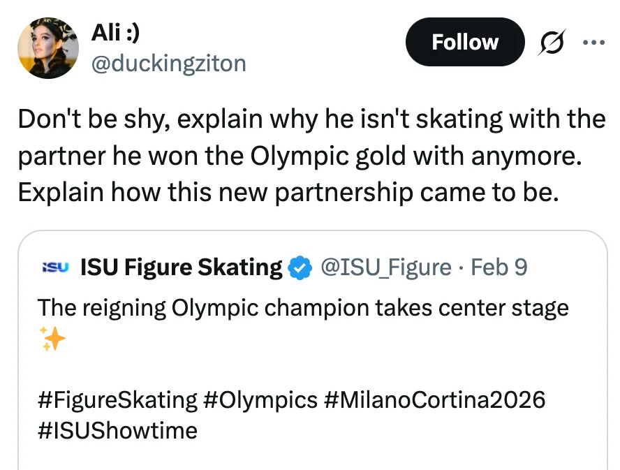 A person shares a tweet from ISU Figure Skating about an Olympic champion's new skating partnership, asking why they aren't with the previous partner