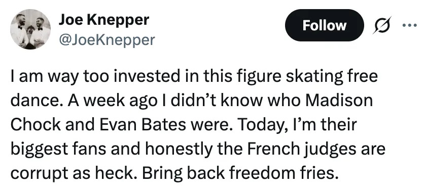 Tweet expressing enthusiasm for figure skating free dance and frustration with French judges, ending with the phrase "Bring back freedom fries."