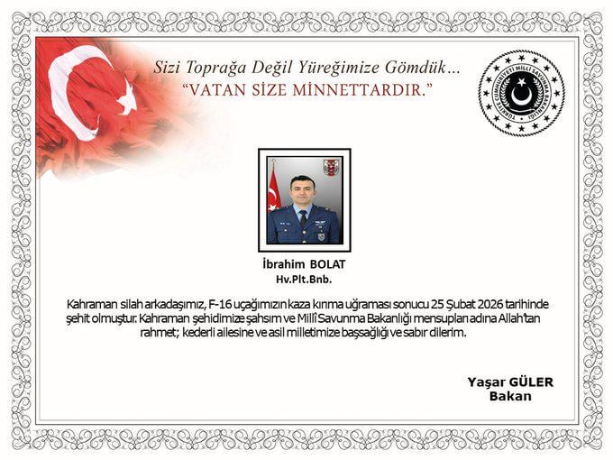 The identity of our pilot who was martyred in the F-16 crash in Balıkesir has been announced. Air Pilot Major İbrahim Bolat.