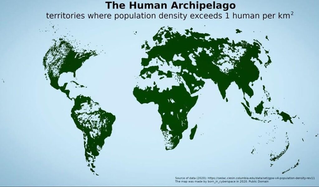The Human Archipelago territories where population density exceeds 1 human per km²