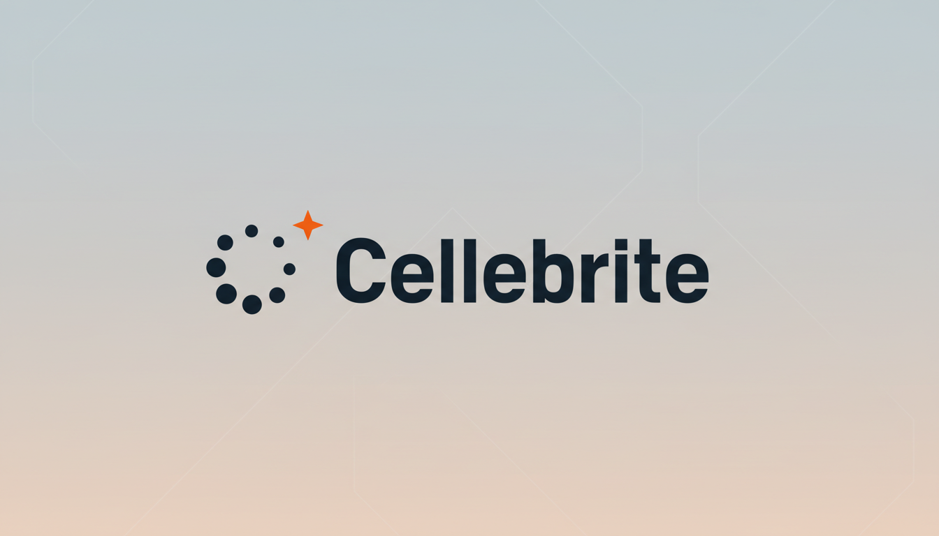 The Cellebrite logo, featuring a dark blue wordmark and a circular icon with an orange star, presented on a professional flat design background with soft gradients and subtle geometric patterns.