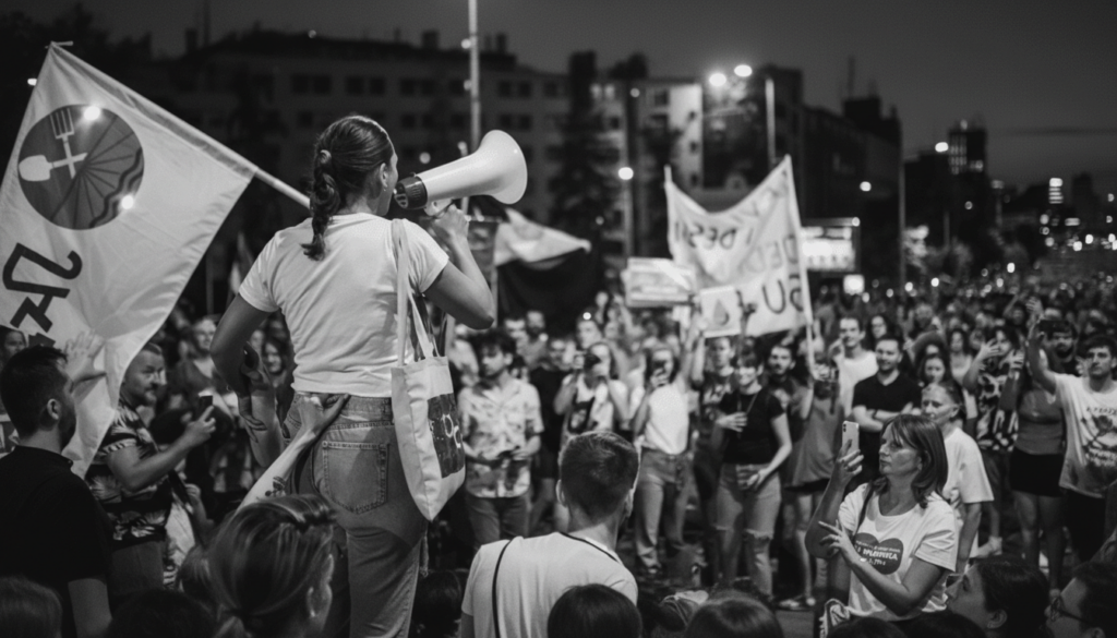 A black and white image of a woman speaking into a megaphone at a protest, surrounded by a crowd of people and flags.