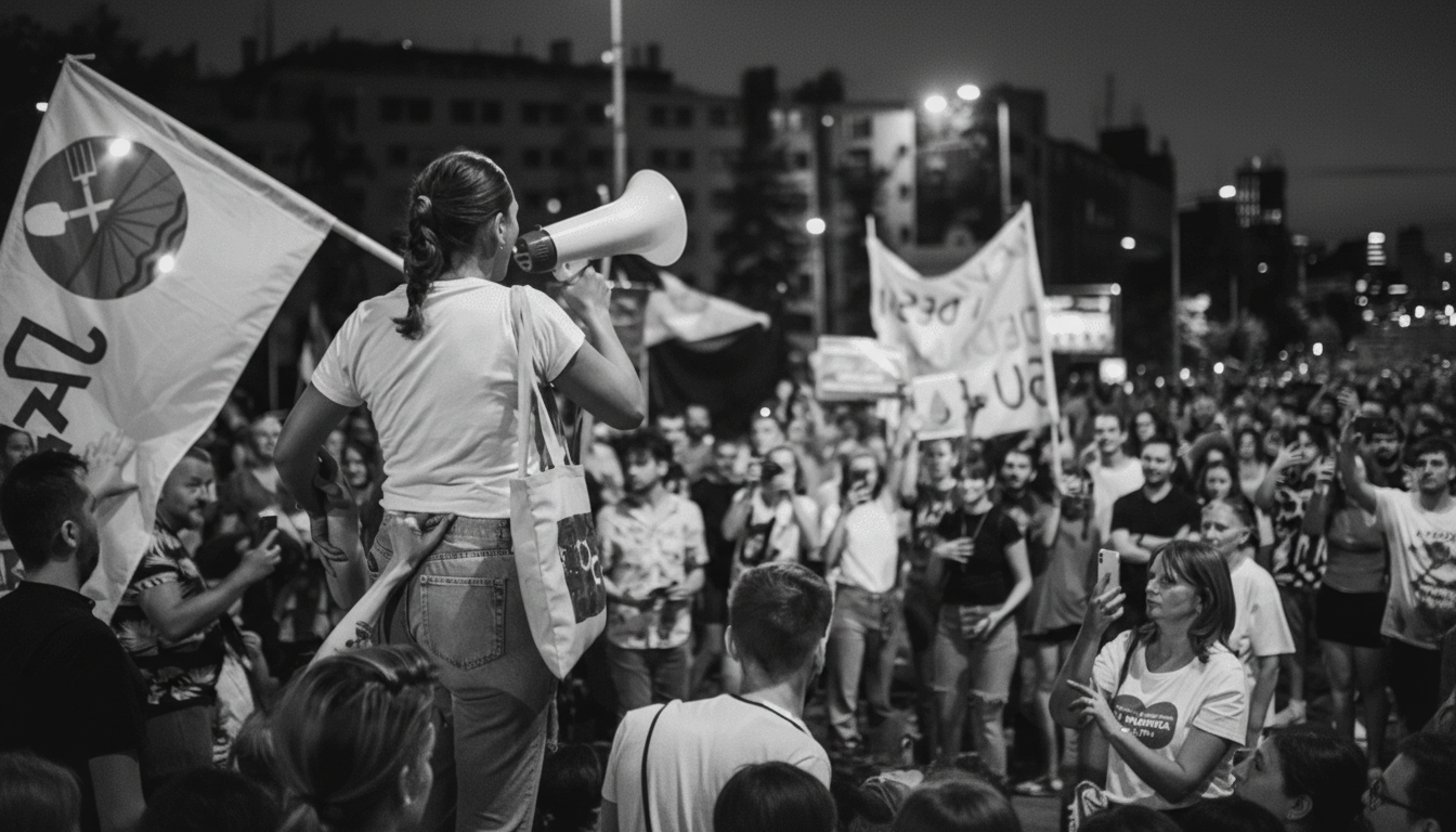 A black and white image of a woman speaking into a megaphone at a protest, surrounded by a crowd of people and flags.