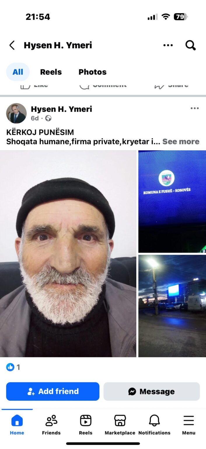 I happened to see this father on fb, he was from Fushkosova, a poet and poor, and his pension money was being spent on electricity/water payments, I said if there is a kind hearted person in Fushkosova, help me a little, even for food or find me a job.