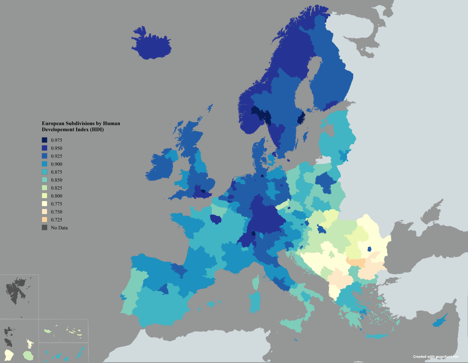 European Subdivisions by Human Developement Index (HDI) [OC]