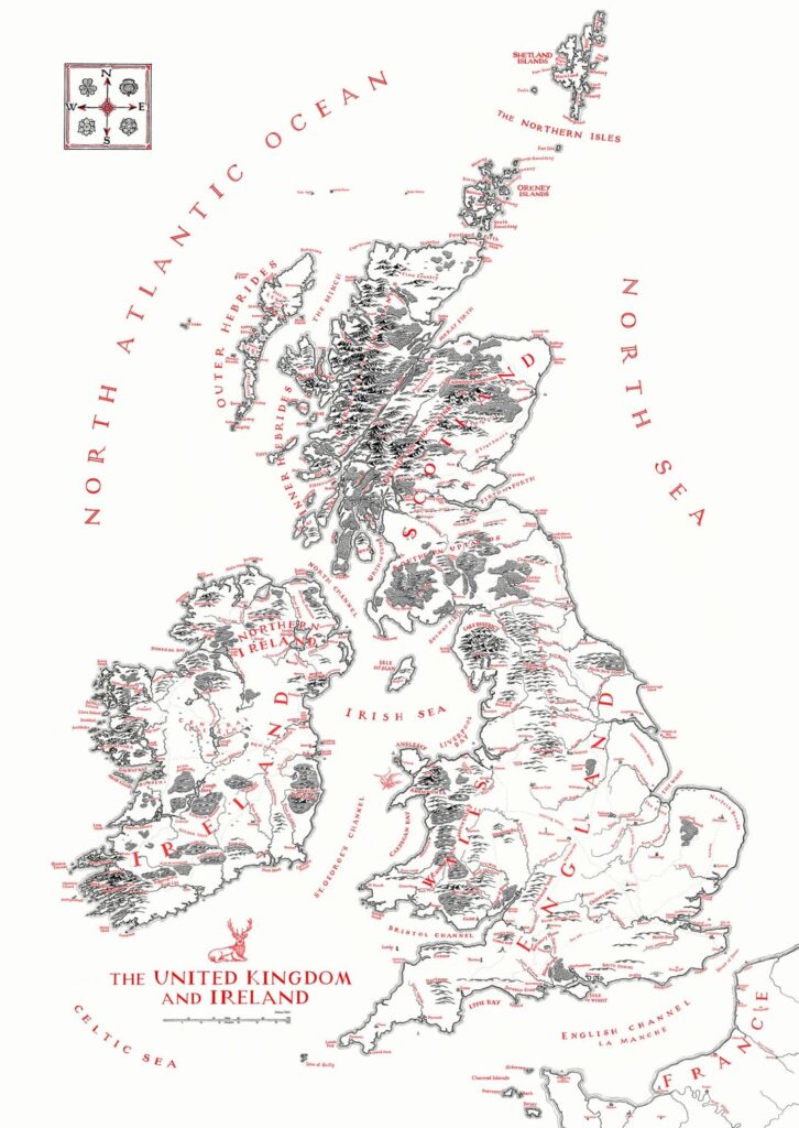 I've finally completed my map of the United Kingdom & Ireland — hand-drawn with dip-pen and ink in the style of Tolkien. Please comment any suggestions, then let me know where I should draw next! Now time to put my feet up with a cup of tea.
