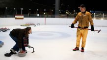 Learning how to curl at the Brooklyn Lakeside Curling Club's Wednesday night league. 
