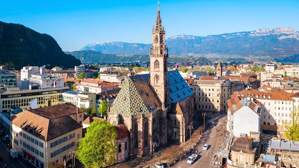 Bolzano Cathedral or Duomo di Bolzano aerial panoramic view, located in Bolzano city in South Tyrol, Italy