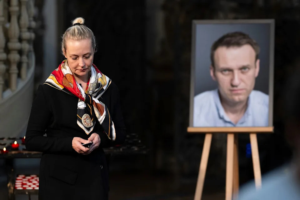 Yulia Navalnaya, widow of Russian opposition leader Alexei Navalny, beside his picture in June 2024 (DPA)