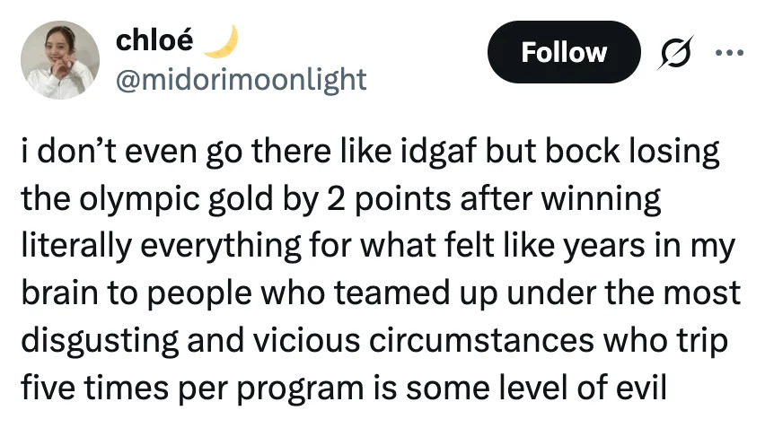 Summary of tweet: The user criticizes an Olympic gold loss by 2 points, describing it as unjust due to others' malicious behavior