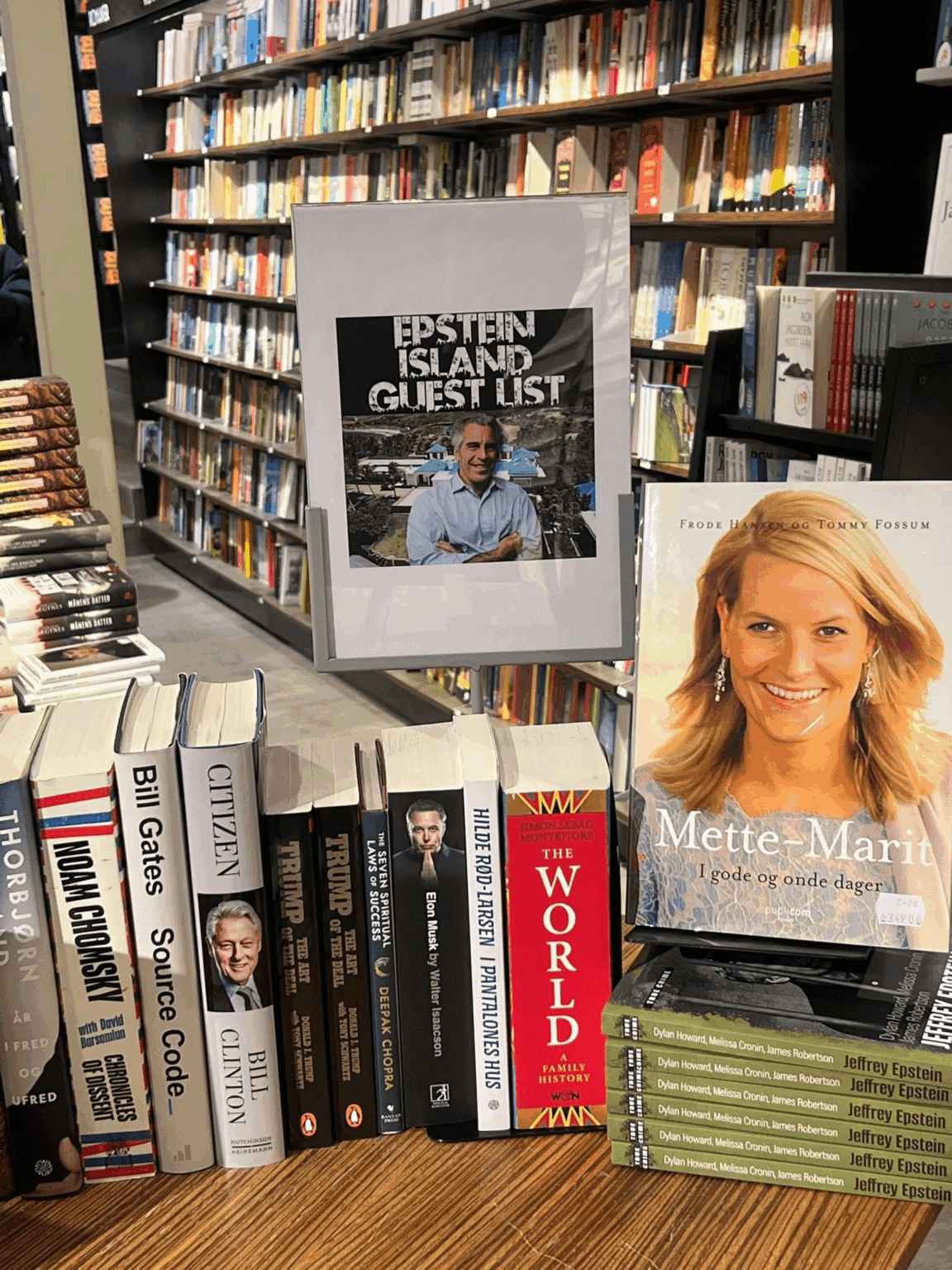Seen in a bookstore in Oslo: “Epstein Island guest list.”
