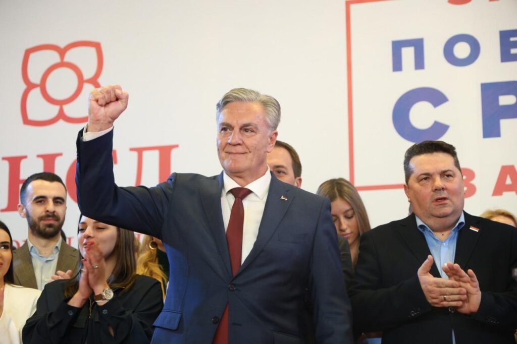 Union of Independent Social Democrats (SNSD) party candidate Sinisa Karan (L) after his victory in the election, Feb. 8, 2026. (Photo via X/@MiloradDodik)