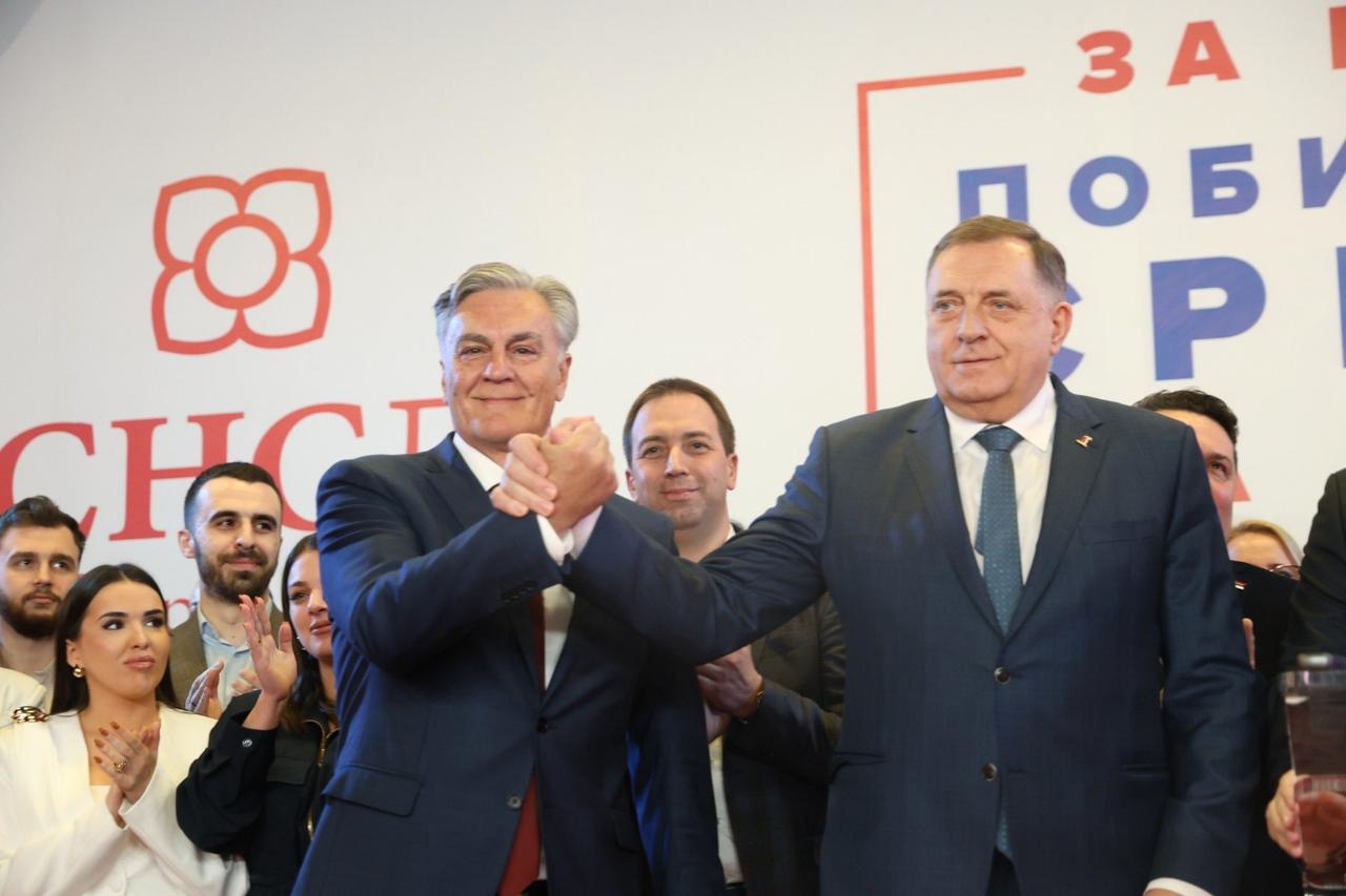 Union of Independent Social Democrats (SNSD) party candidate Sinisa Karan (L) is congratulated by  Milorad Dodik (R), after his victory, Feb. 8, 2026. (Photo via X/@MiloradDodik)