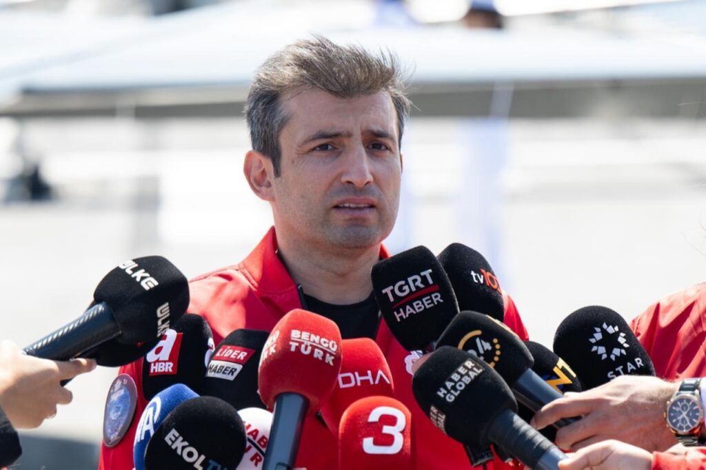 Baykar Chairman Selcuk Bayraktar makes statements aboard Türkiye’s TCG Anadolu drone carrier ahead of a parade along the Istanbul Strait in Istanbul, Türkiye, August 24, 2025. (AA Photo)