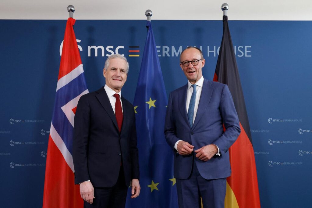 German Chancellor Friedrich Merz (R) and Norwegian Prime Minister Jonas Gahr Store attend a bilateral meeting at the 62nd Munich Security Conference in Munich, Germany on February 14, 2026. (AFP Photo)