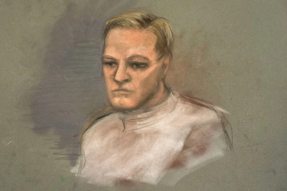 A court sketch depicts Marius Borg Hoiby, son of Norwegian Crown Princess Mette-Marit during the first day of a trial in Oslo at the District Court on Feb, 3, 2026. Ane Hem / NTB / AFP via Getty