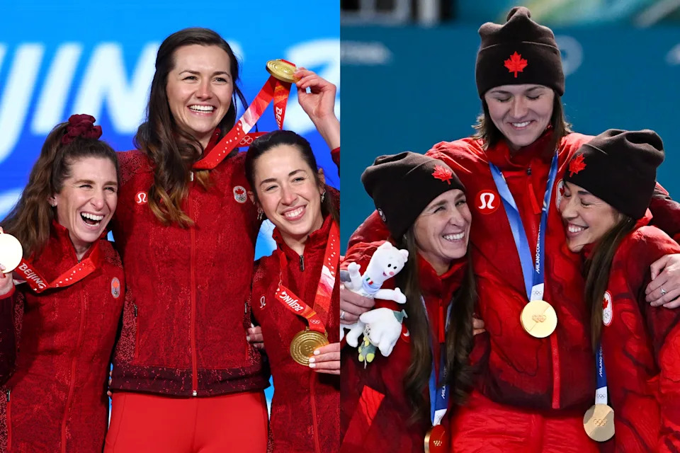 After winning gold in 2022 at the Beijing Games, Ivanie Blondin, Valérie Maltais and Isabelle Weidemann are back on the podium after defending their title in 2026. (Credit: Elsa/Getty Images, Stefano Guidi/Getty Images)