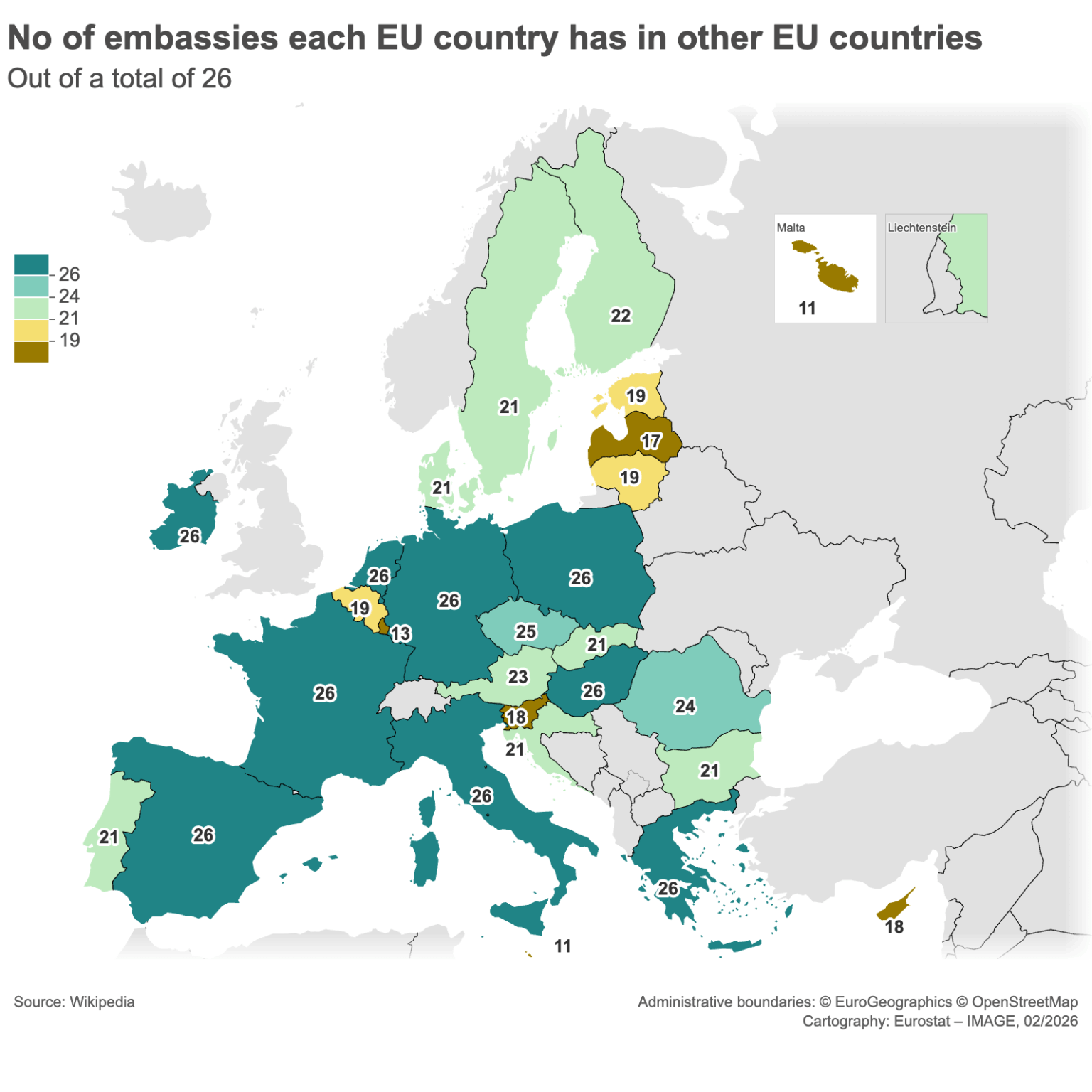 Number of embassies each EU country has in other EU countries [OC]