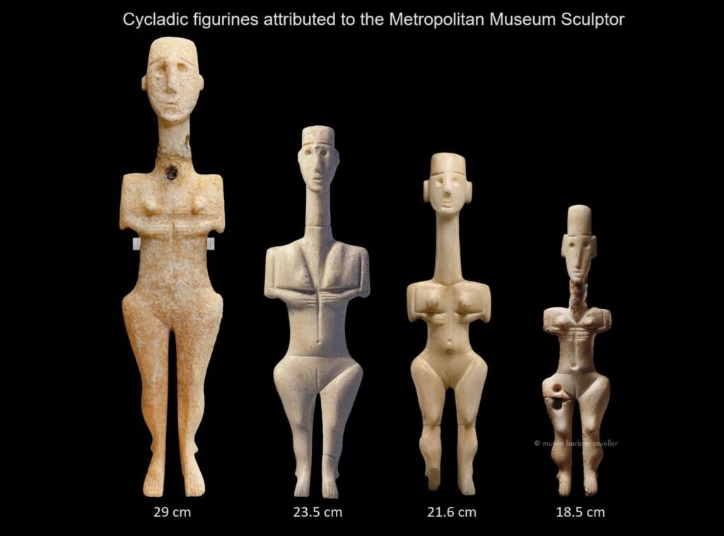 4 Marble Cycladic Plaster type female figurines. attributed to the Metropolitan Museum Sculptor (by Pat Getz-Gentle). Proto-Cycladic I period, c. 3200 – 2800 BC. (1500x1110)