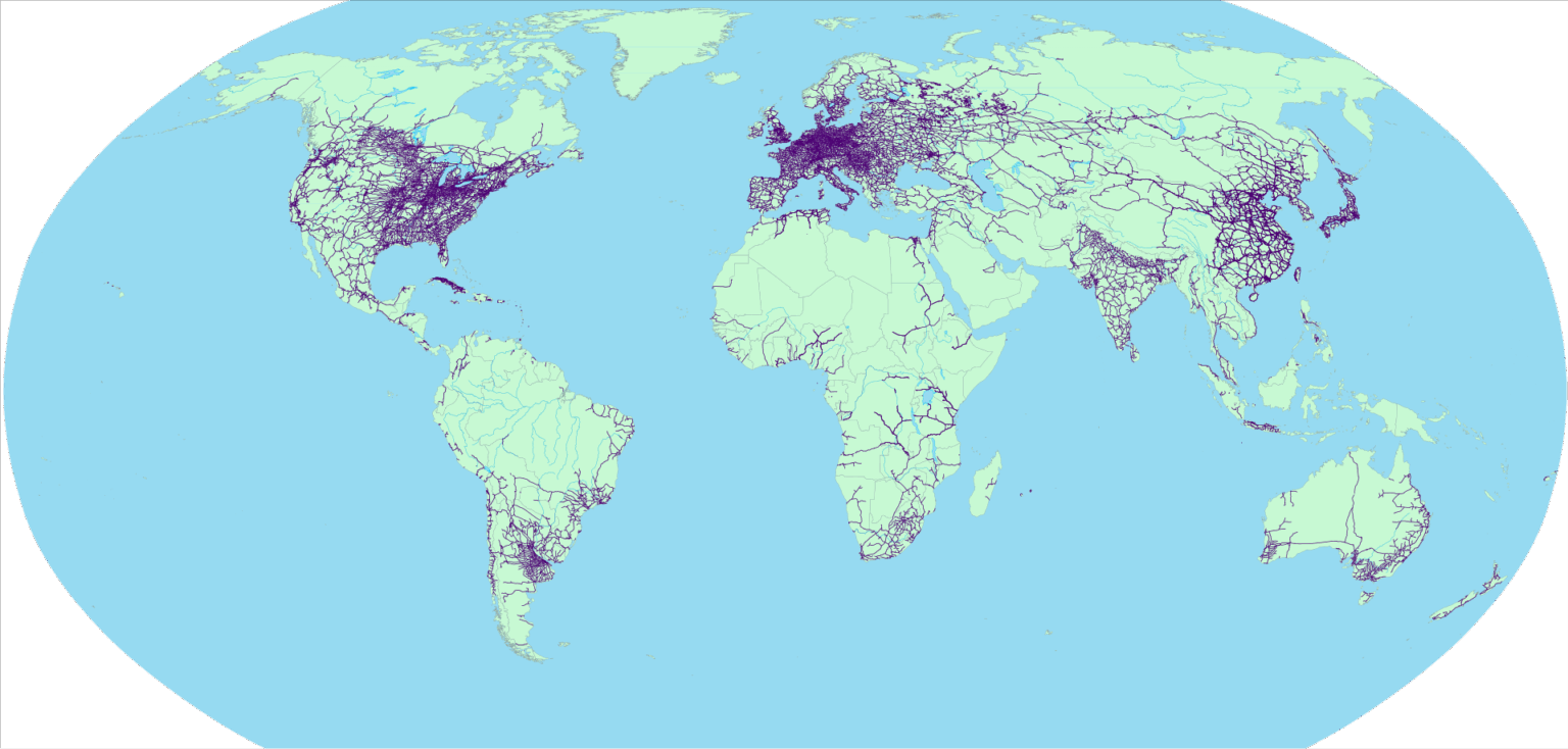 Map of world railway network as of 2022. Iran and Brazil surprise me