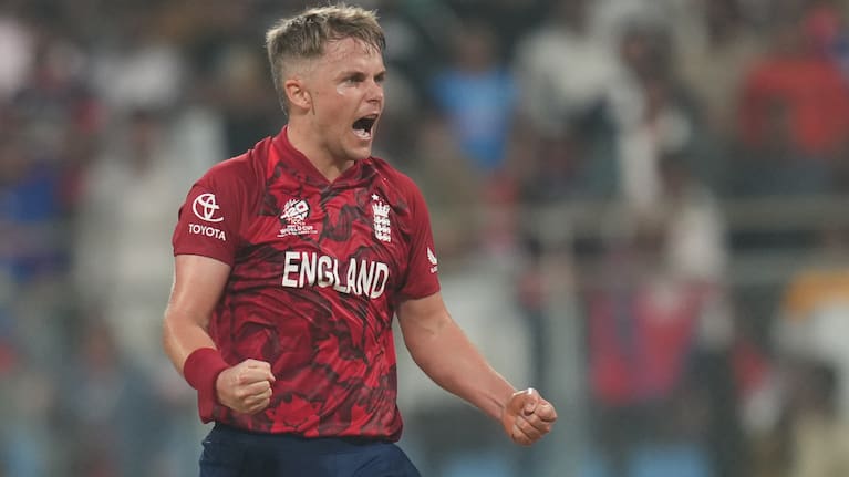 England's Sam Curran celebrates after wining against Nepal during the T20 World Cup cricket match in Mumbai, India.