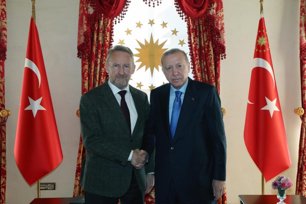 President Recep Tayyip Erdogan (R) meets with Bakir Izetbegovic (L), the leader of the main Bosnian political party, the Party of Democratic Action in Istanbul, Türkiye on Feb. 14, 2026. ( Tur Presidency/Murat Cetinmuhurdar - Anadolu Agency )