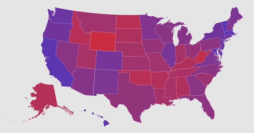 The USA on a purple scale instead of red vs blue (1980 - 2024)