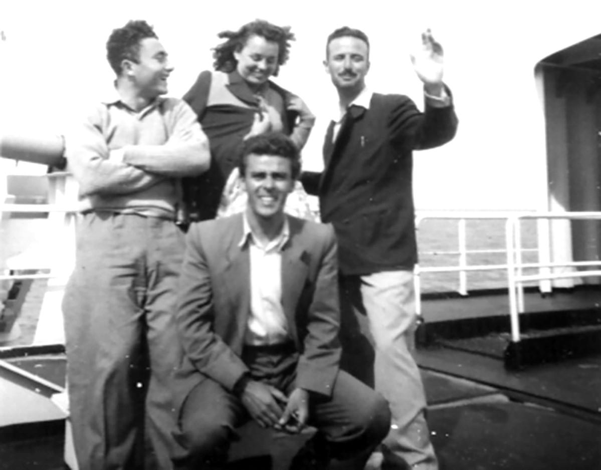 Maltese migrants on board the Marine crossing the Atlantic in May 1948, some of whom became Bunny’s friends: Freddie Attard (seated), Joe Delia (left), presumably Rosaria Muscat, and an unidentified man. Photo: Frank Cauchi