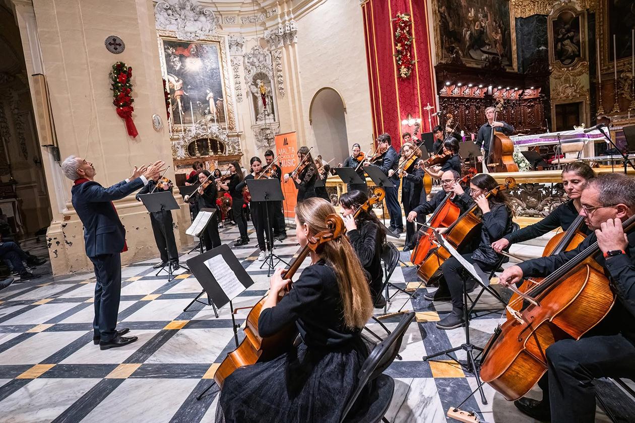 The school’s string orchestra performing a Christmas concert led by Simon Abdilla at Senglea parish church.