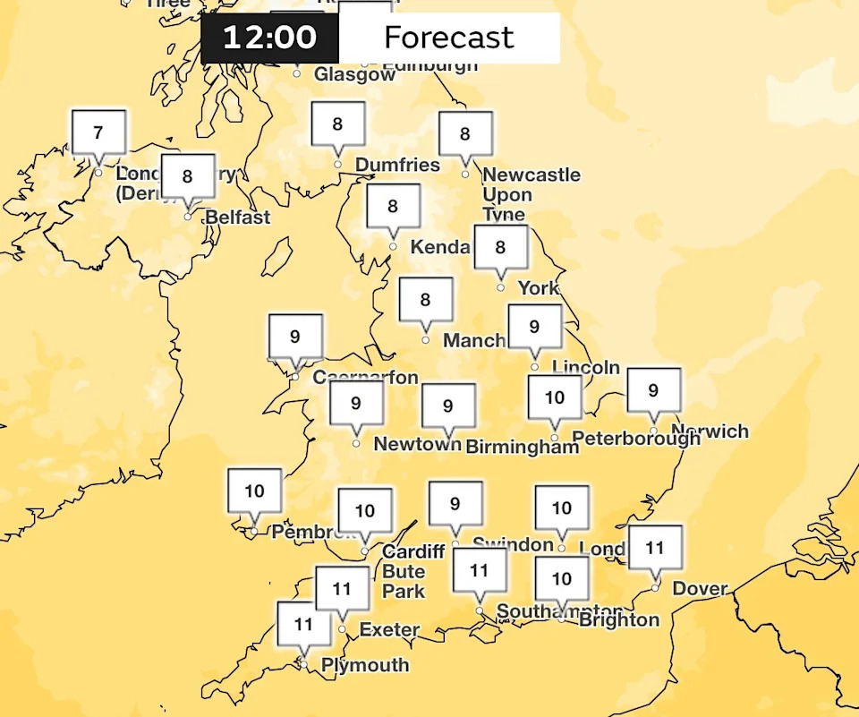 Visualisation showing that Saturday temperatures will be closer to the February average.