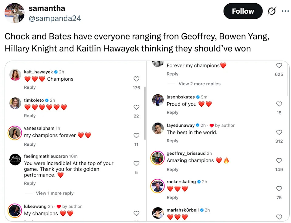 Summary of tweets expressing support and admiration for Chock, Bates, and others, with comments highlighting their achievements and fans calling them champions