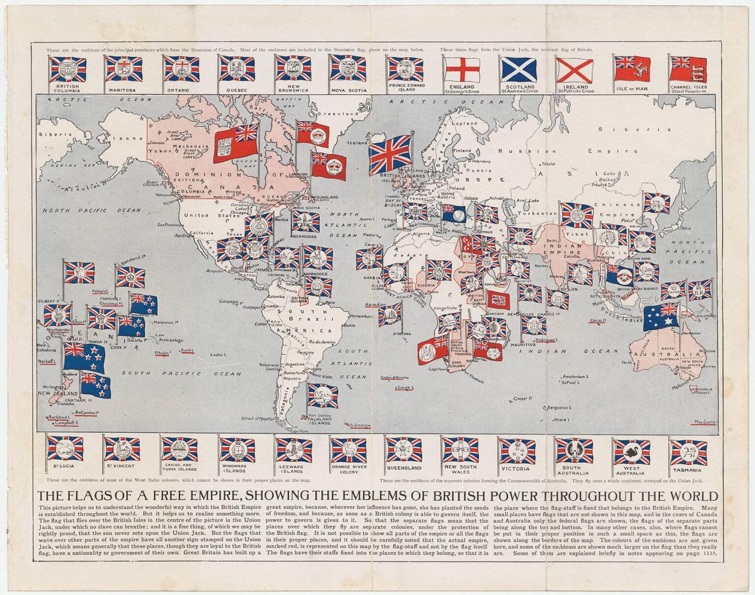THE FLAGS OF A FREE EMPIRE, SHOWING THE EMBLEMS OF BRITISH POWER THROUGHOUT THE WORLD