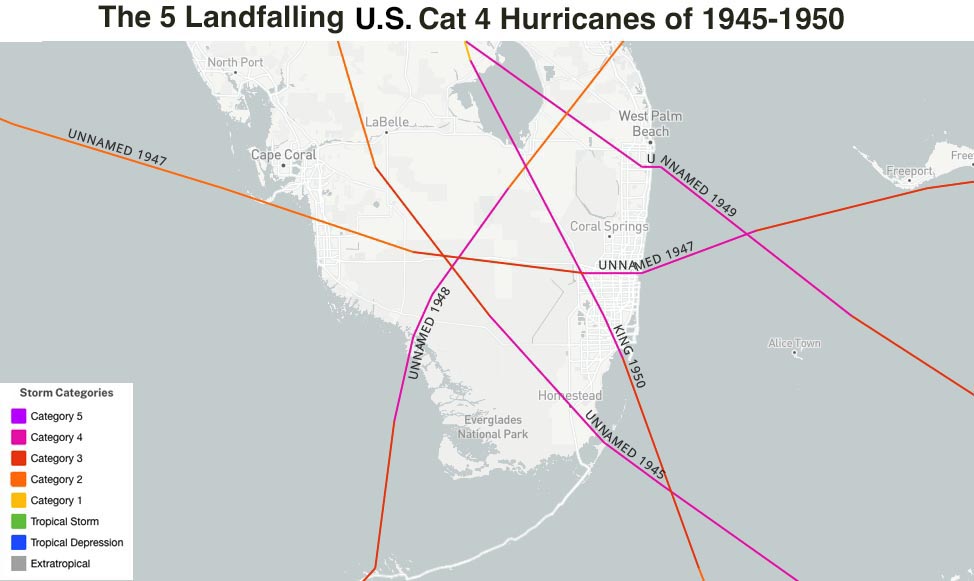 A map showing the tracks of the five landfalling U.S. Cat 4 hurricanes of 1945-1950