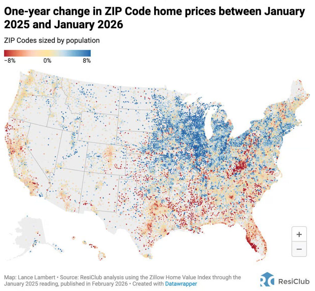 Change in home prices by zip code Jan 2025-Jan 2026