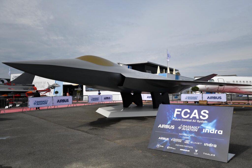 A mock-up of the European New Generation Fighter (NGF) for the Future Combat Air System (FCAS) during the International Paris Air Show at the Paris–Le Bourget Airport. (AFP Photo)