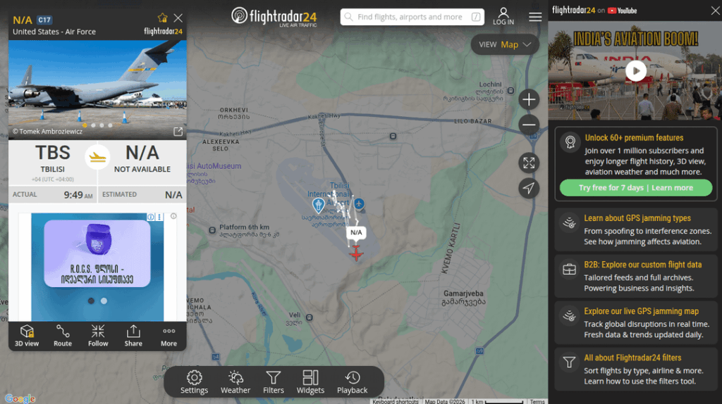 A United States Airforce C-17 Taking off from Tbilisi after arriving from Yerevan.