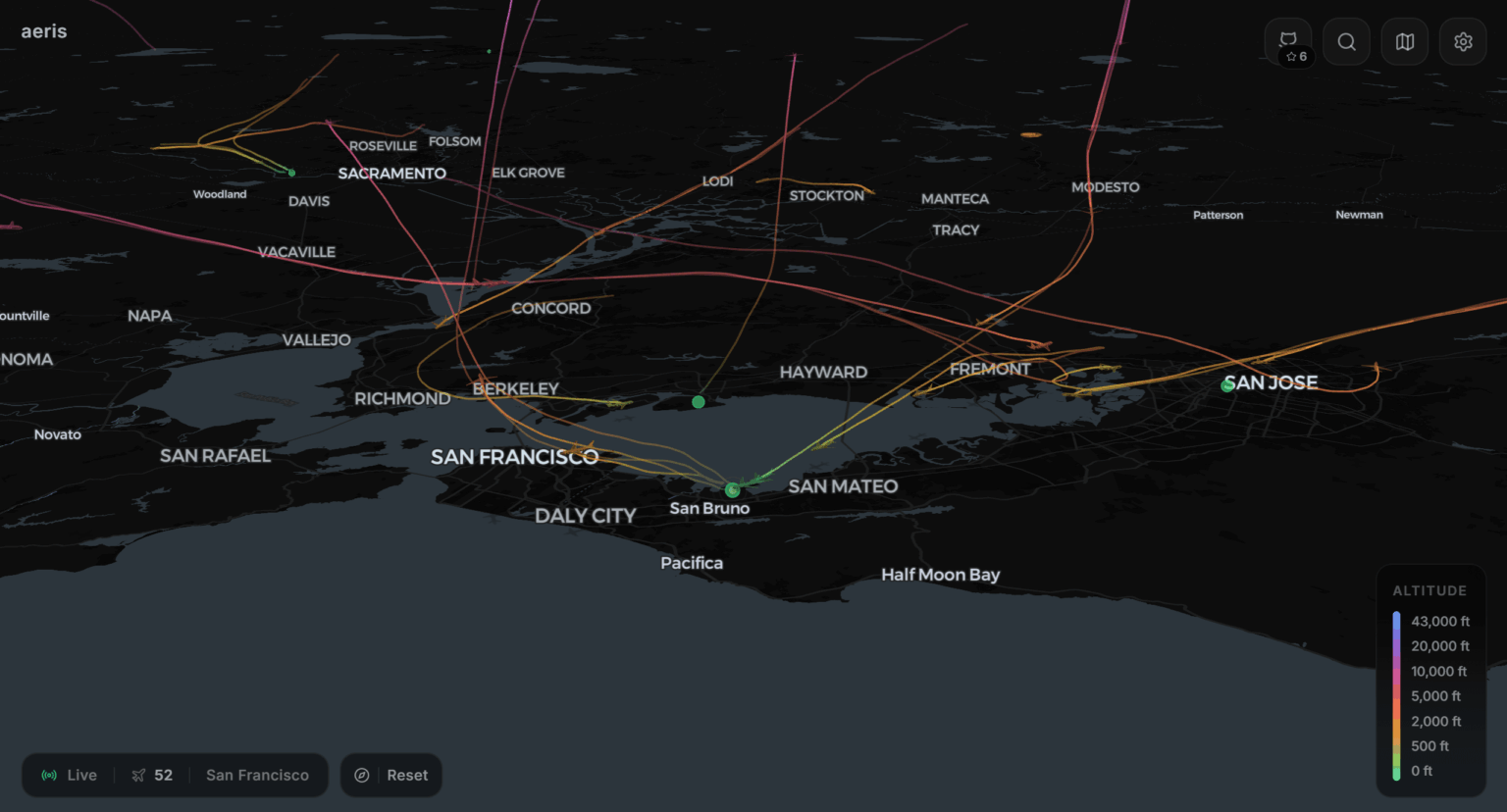 [OC] I made a flight tracker that separates planes by altitude using colors. It’s strangely satisfying to watch. The image for example shows the rush at SFO and SJC visually.