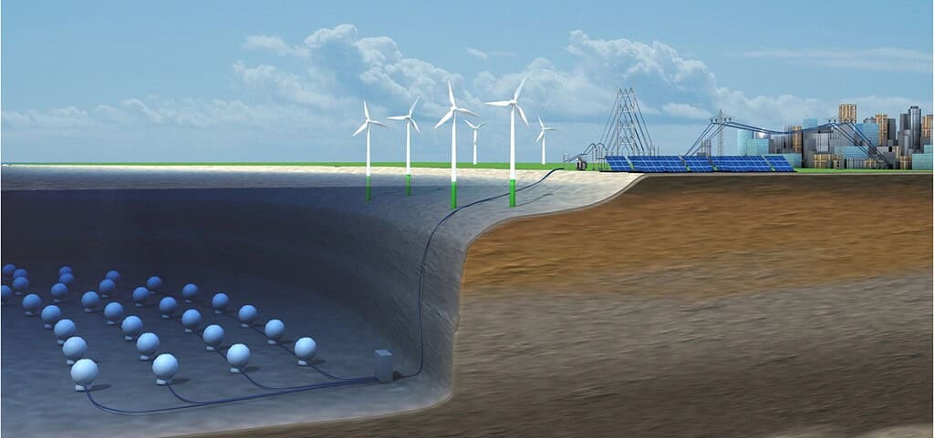 Offshore wind turbines and solar panels for renewable energy, climate change, and sustainability.