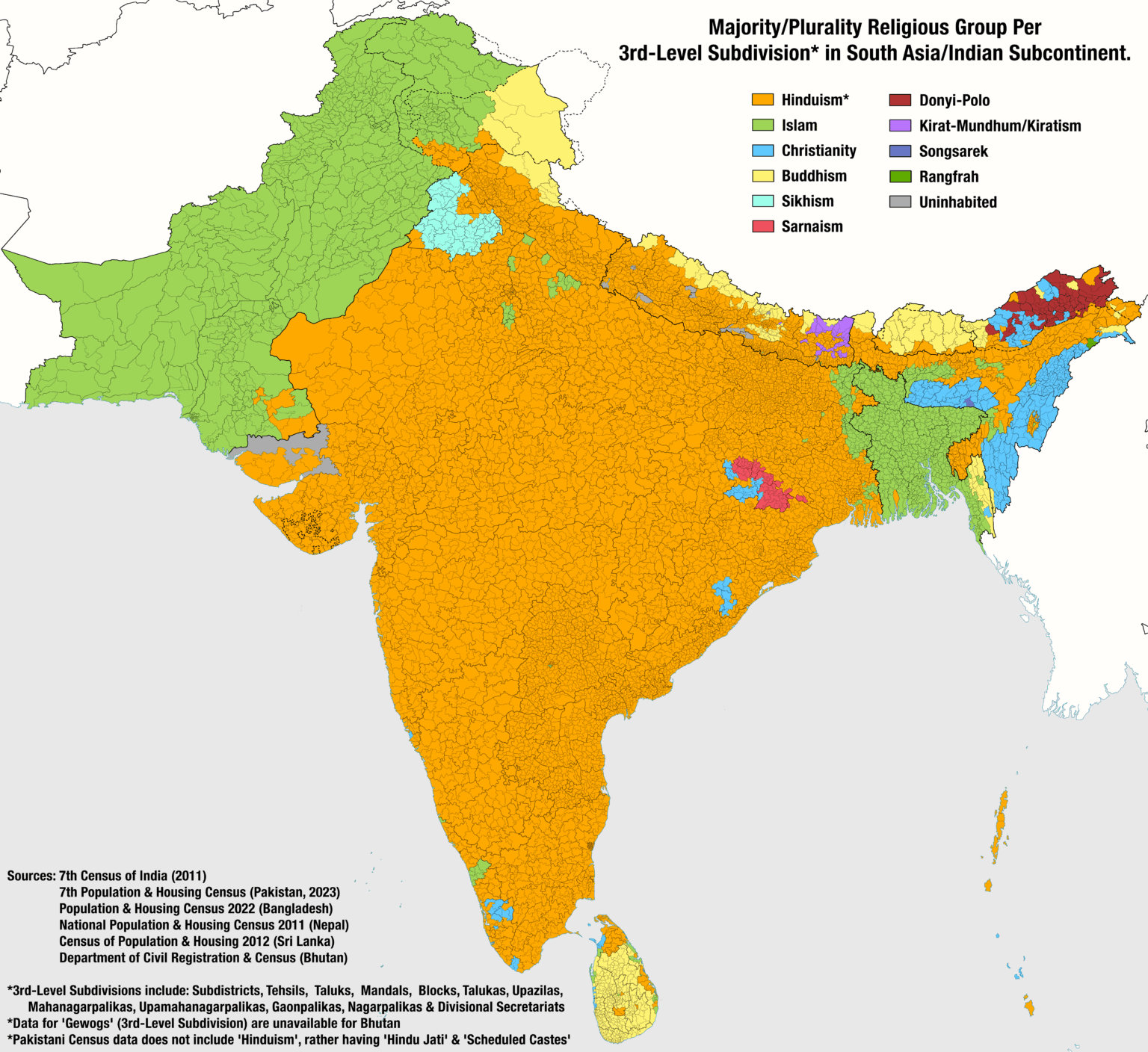 Map of South Asia (Indian Subcontinent) by Religion | Majority/Plurality Religious Group Per 3rd-Level Subdivision in South Asia/Indian Subcontinent.