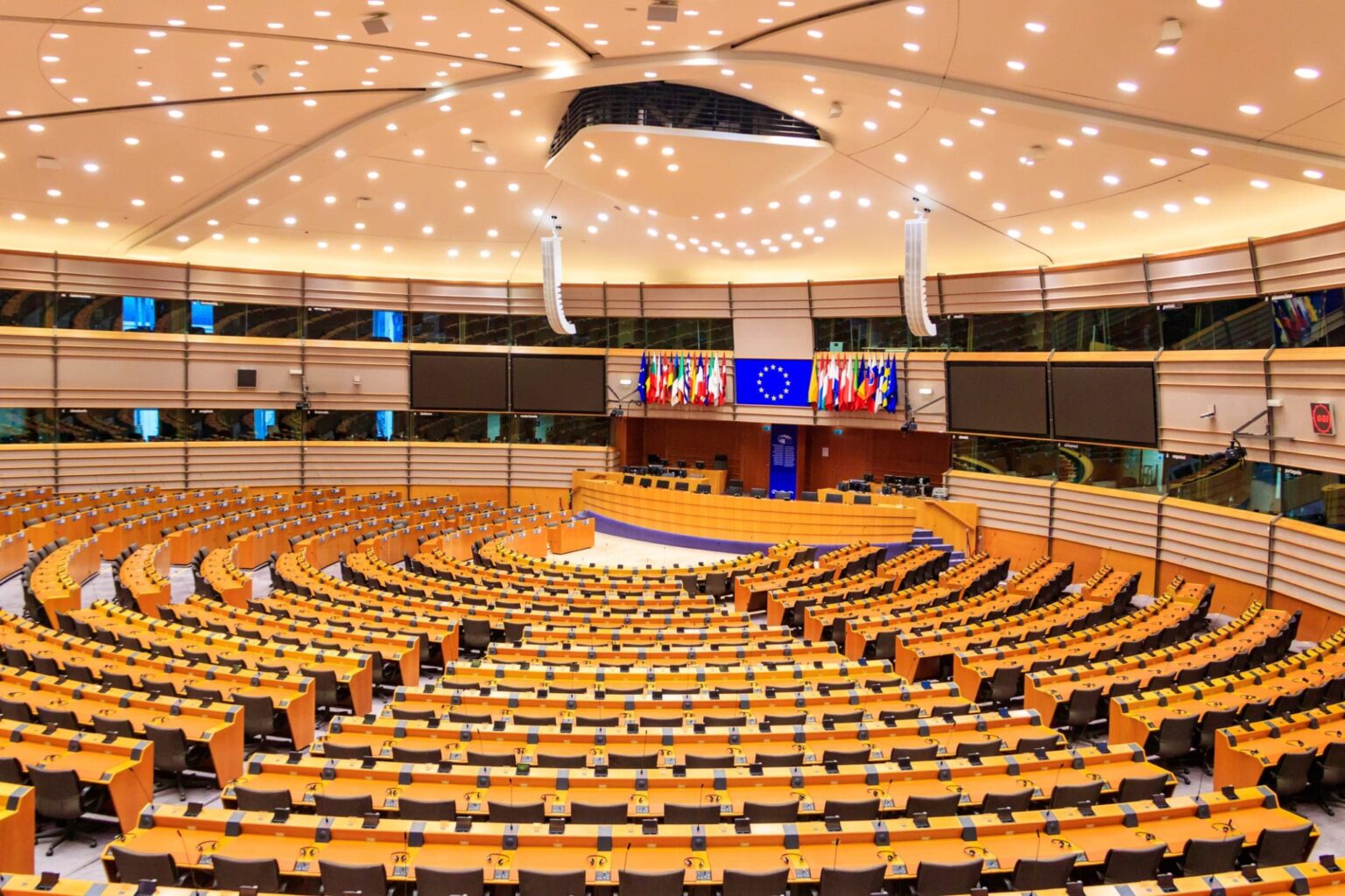 Interior of the plenary room of the European parliament in Brussels, Belgium