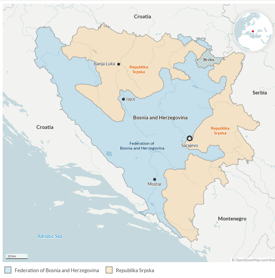 Bosnia and Herzegovina consists of two largely autonomous entities, the Federation of Bosnia and Herzegovina, and Republika Srpska, as well as the self-governing Brcko district.