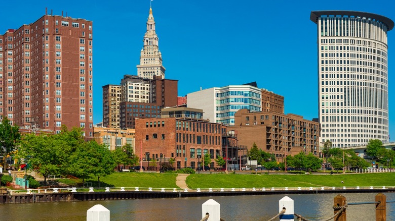 View of the Cuyahoga River from the west bank of The Flats in Cleveland, Ohio