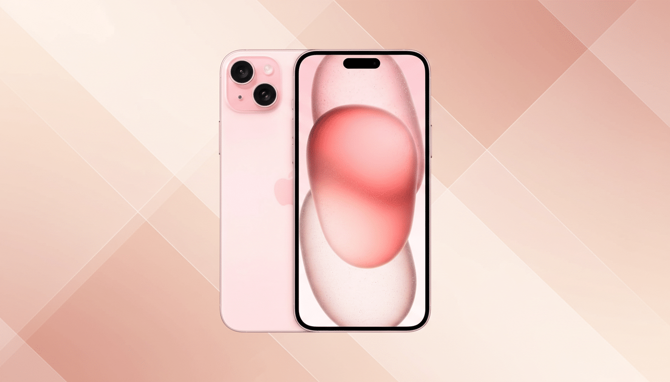 A pink iPhone 13 and iPhone 14 Pro Max, both in a soft pink color, are displayed against a professional background with subtle geometric patterns and a gradient of light pink and peach tones.
