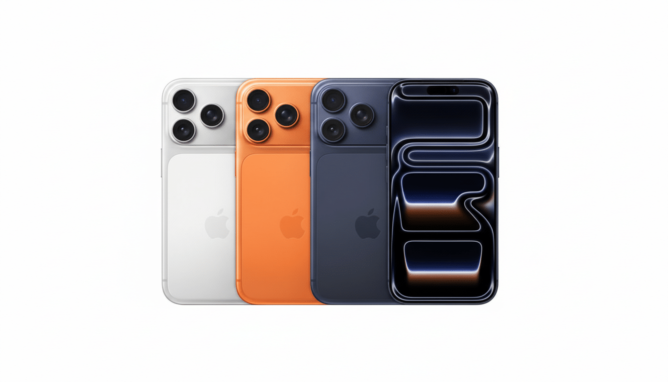 Four smartphones in white, orange, dark blue, and black, arranged in a row against a clean white background.