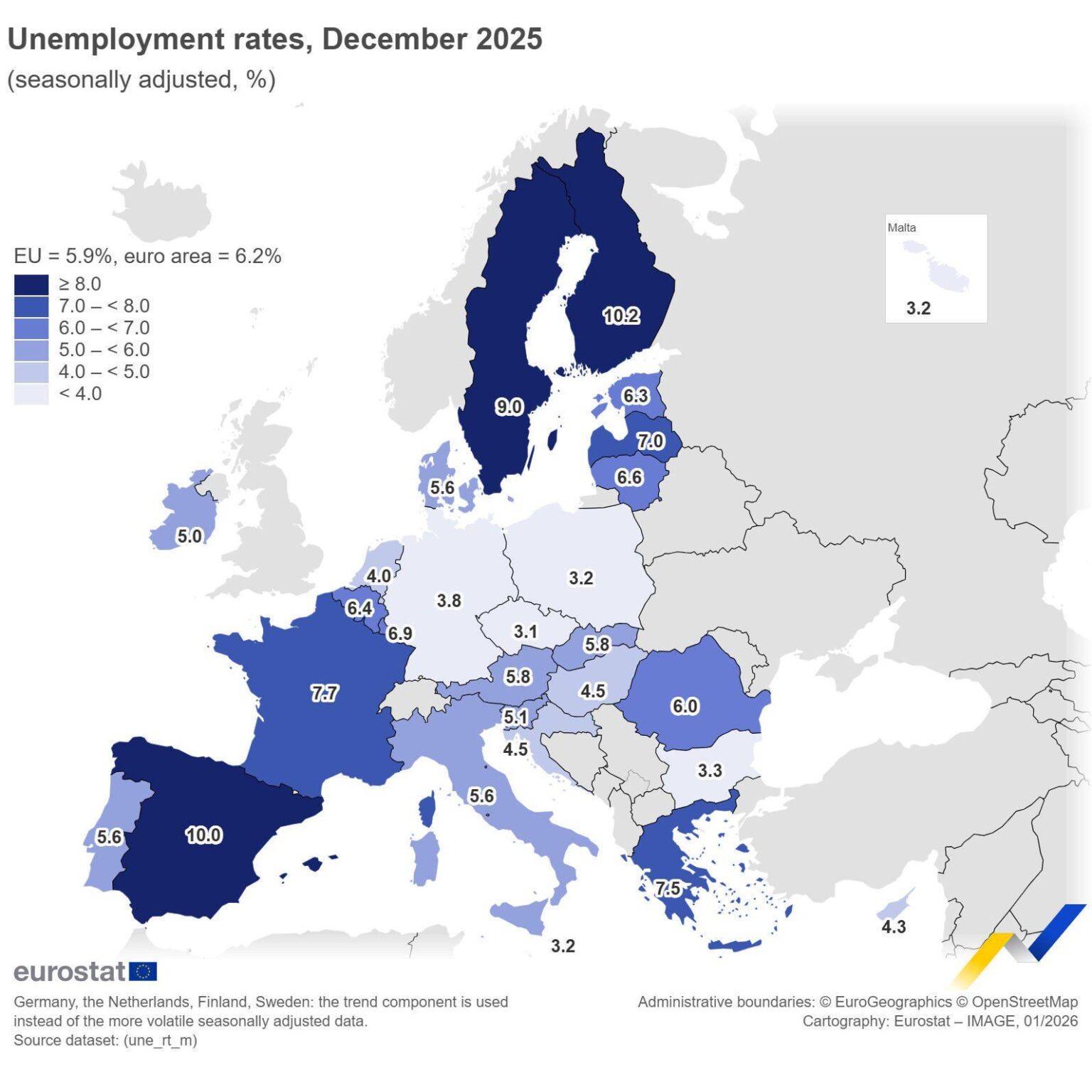 Unemployment rate in Europe - December 2025