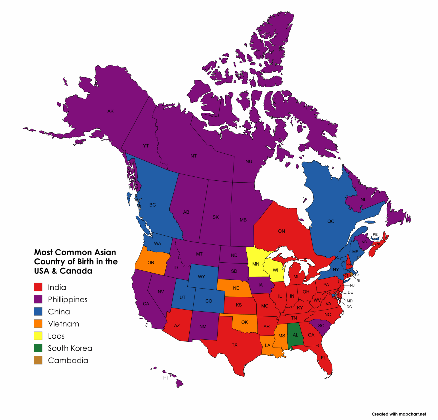 Most Common Asian Countries of Birth in the United States & Canada